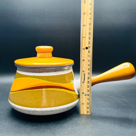 70s Kaki Green Orange Waves Enamel Fondue Pot with Lid Vintage Saucepan - Picture 8 of 10